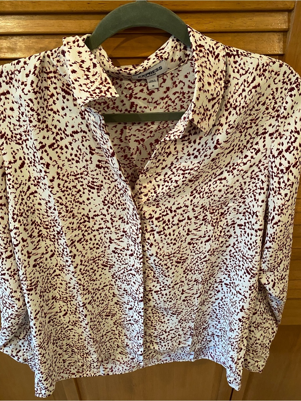 Express White Button-Down Blouse with Burgundy Spot Print